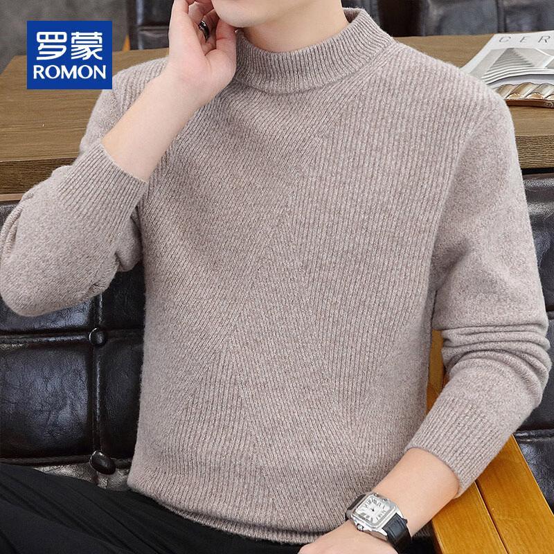 Romon Men's 100% Pure Wool Thickened Semi-High Neck Pullover Sweater