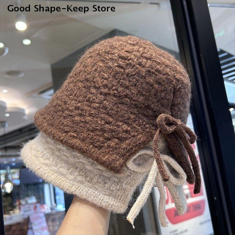 Solid Color Winter Bucket Hat For New Wool Knitted Fashion Hat For Women Winter Warmth With Bow Woolen Basin Hat