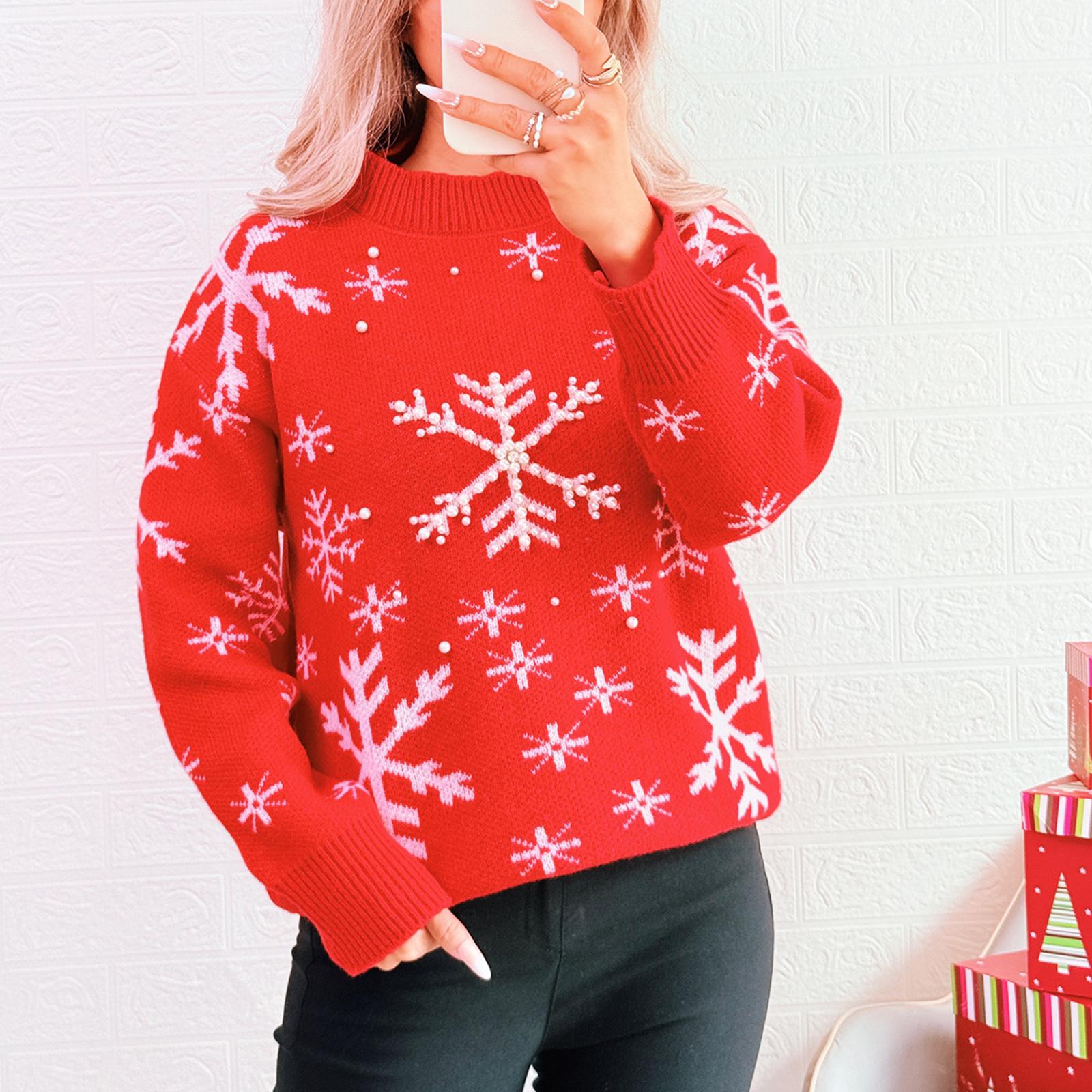

Women s Fashionable Long Sleeved Christmas Pullover Round Neck Casual Sweater Top L