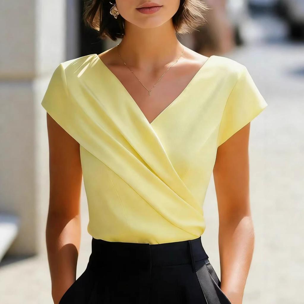 Women's V Neck Short Sleeve Blouse Pleated Detail Solid White Top