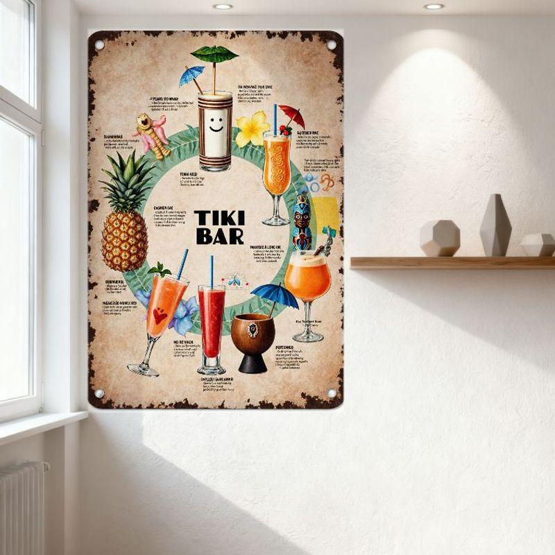 Metalowy Znak Blaszany Vintage Tiki Bar z Tropikalnymi Napojami i Maseczkami Tiki, Rustykalny Retro Polinezyjski Wystrój Plażowy dla Kawiarni Baru Jaskini Mężczyzny Domu
