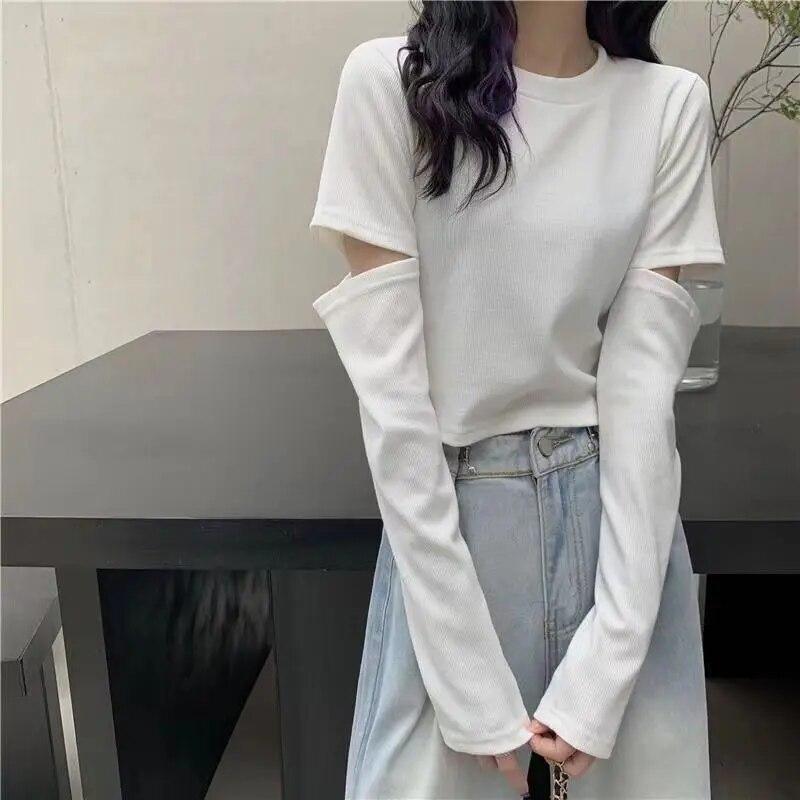 Langermede T-skjorter Kvinner Løse Hotsweet Hollow Out Crop Tops Studenter Mote Enkel All-match Våren Uformelt koreansk stil Ins