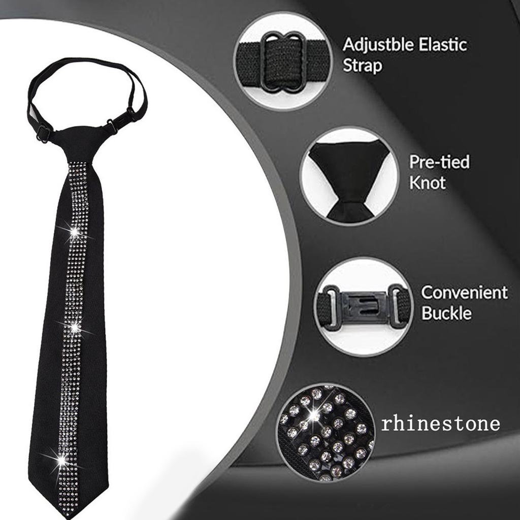 Elegant Women's Adjustable Pre Tied Black Necktie with Rhinestones Embellishments for Formal Event and Casual Wear