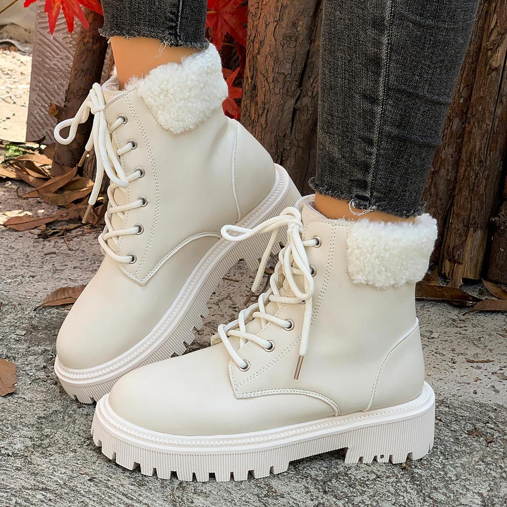 Fashion Women Ankle Boots Autumn Winter PU Leather Platform Shoes Female Anti-Slip Warm Fleece Lined Thicken Casual Snow Boots
