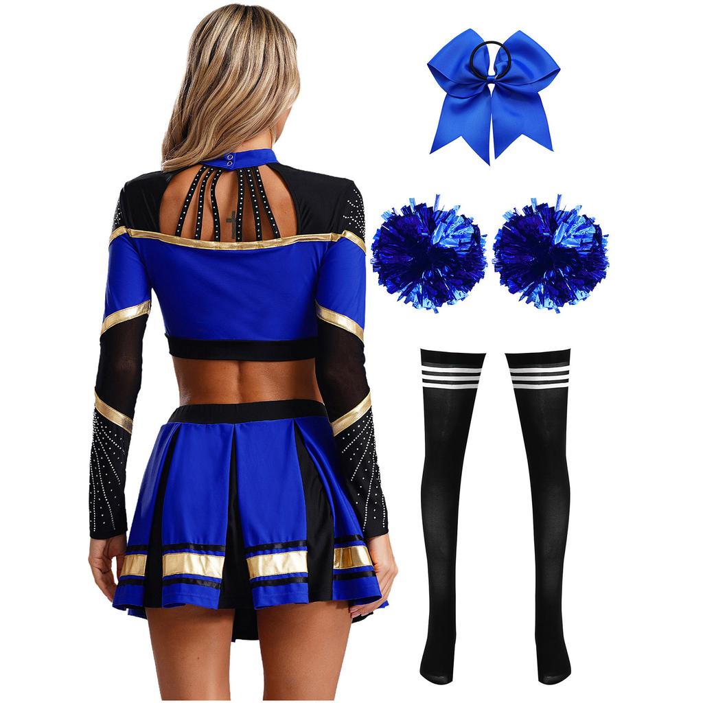 Damen Cheerleading Performance Tanz Outfit Langarm Stehkragen Strass Crop Top Faltenrock Haargummi Set