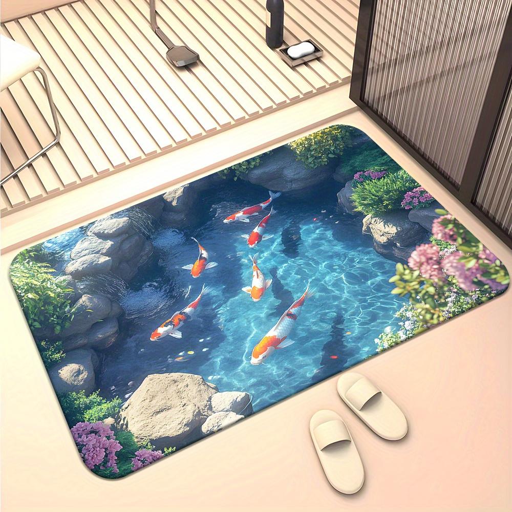 Vibrant Carpet 3D Koi Pond Print 1pc Comfortable Crystal Velvet Carpet Machine Washable Floor Mat Home Decor
