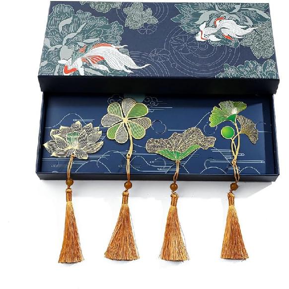 Ancient Chinese Palace Art Bookmarks, Cat Carp Flying Crane Lotus Bookmarks with Tassels, Boxed Gifts for Book Lovers Collection