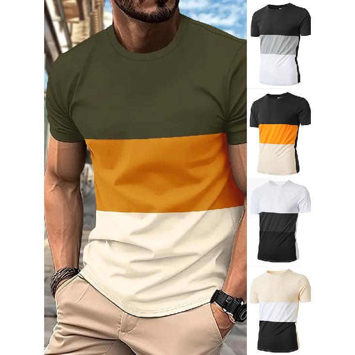 Men'S Autumn Sports Fitness Leisure Stand Up Collar Elastic Color Blocked Round Collar Short Sleeve T-Shirt