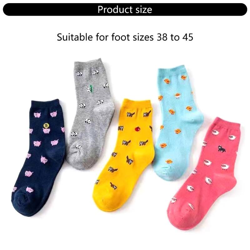 5 Pairs Multicolored Fun Animal Pattern Design Women's Crew Socks Cotton Breathable Middle Calf Socks Birthday Gift