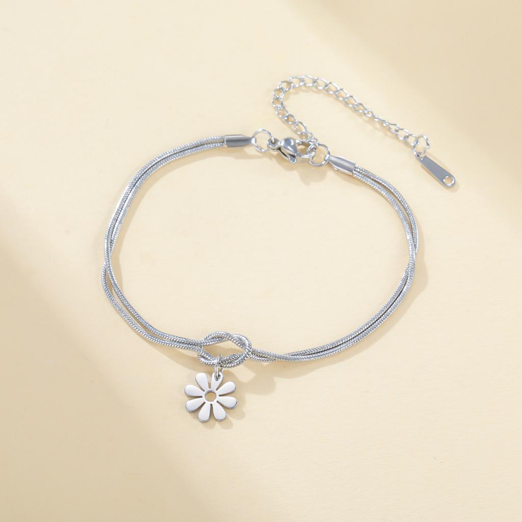 Teamer Daisy Charm Bracelet Stainless Steel Forever Knot Double Layer Snake Chain For Women Girls Trendy Flower Pendant Jewelry