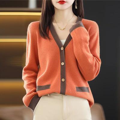 Otoño mujer moda Color-block Cardigan suéter suelto tejido Top