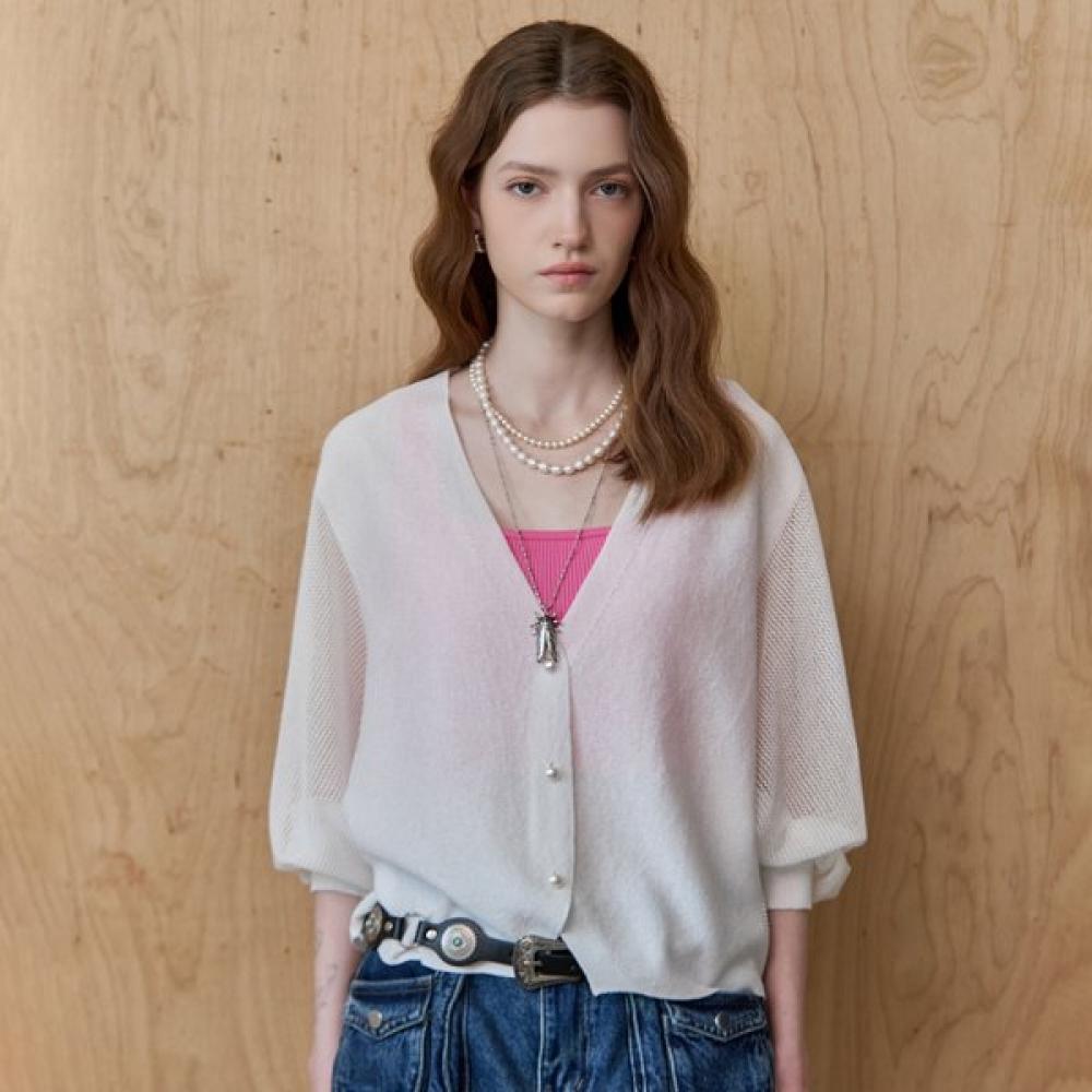 MAXZA Pearl Button V Neck Sheer Knit Cardigan Ze06qd002na