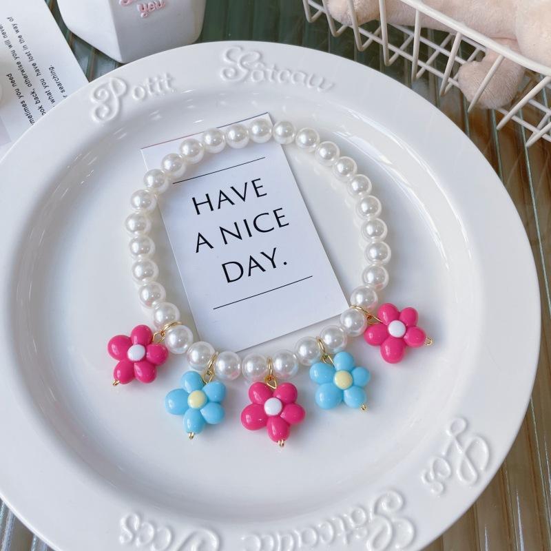 New Korean‑Style Handmade Pet Flower Pearl Necklace Summer Rainbow Color Neck Collar for Cats Dogs