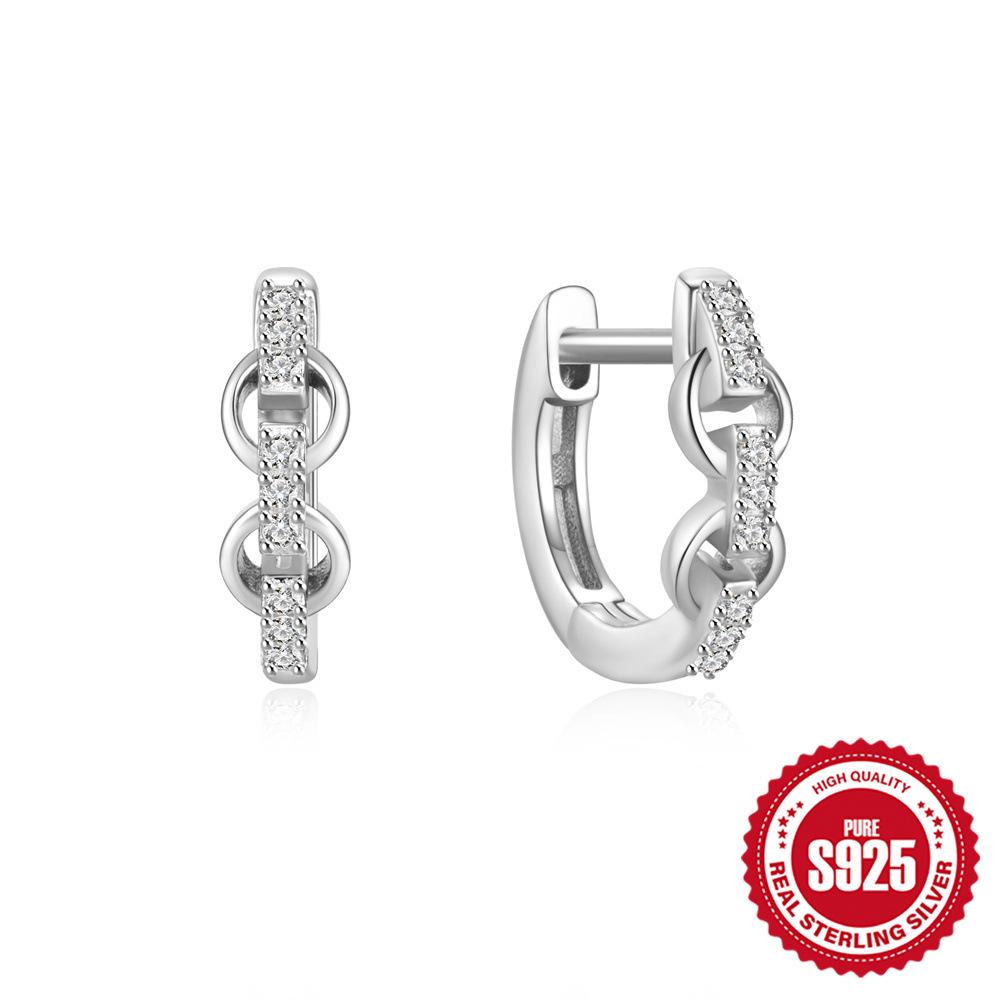 S925 Sterling Silver Personality Diamond Set Love Chain Glossy Luxury Earrings Ear Buckles Earrings Huggie Hoops