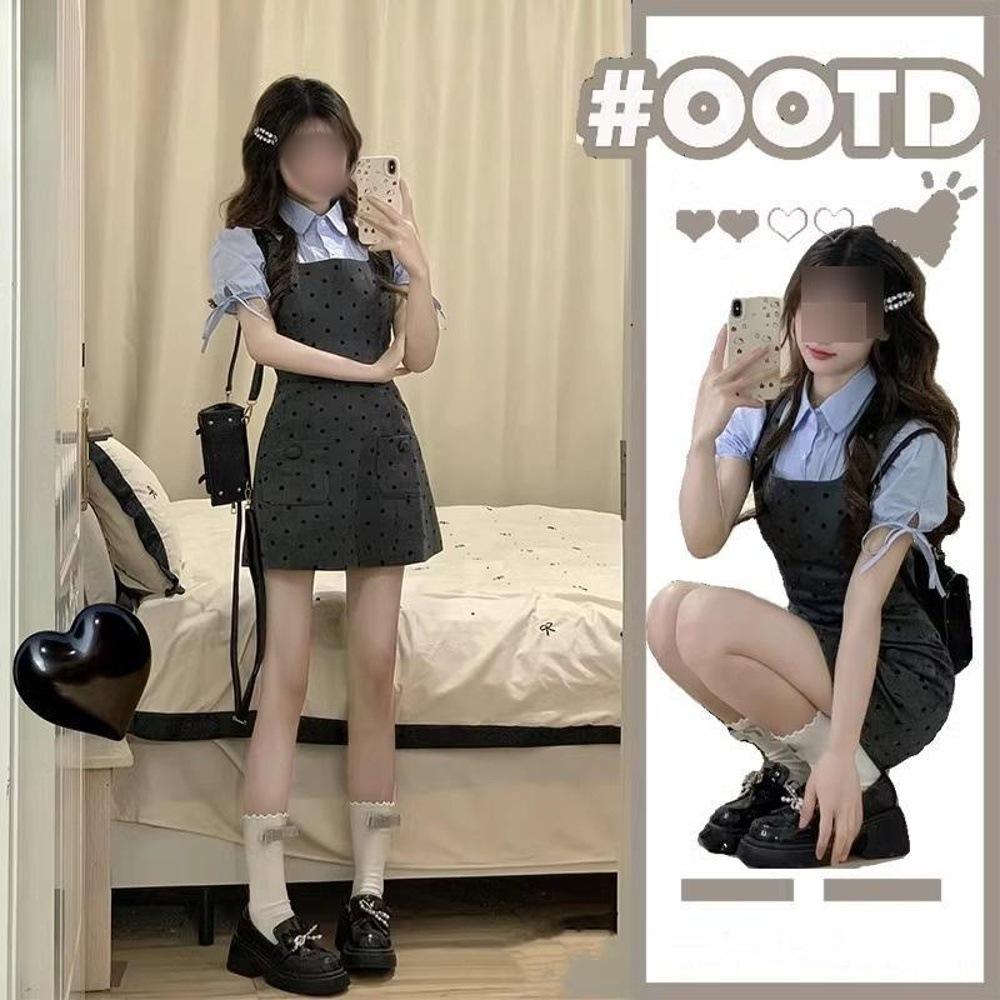 

French Preppy Gray Polka Dot Spaghetti Strap Mini Dress with Blue Puff Sleeve Shirt Two-Piece Summer Look for Women. S (within 45kg)