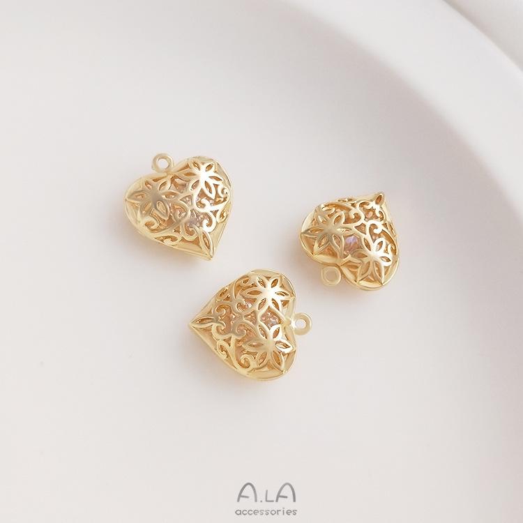 Hohler Zirkon Blumenranken Herzanhänger 14K Gold gefüllt Charm für DIY Armband/Halskette