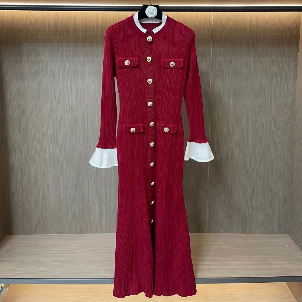 European Quality Women s Elegant Long Sleeve Slim Fit Knit Dress - Spring/Autumn French Style Extra Large
