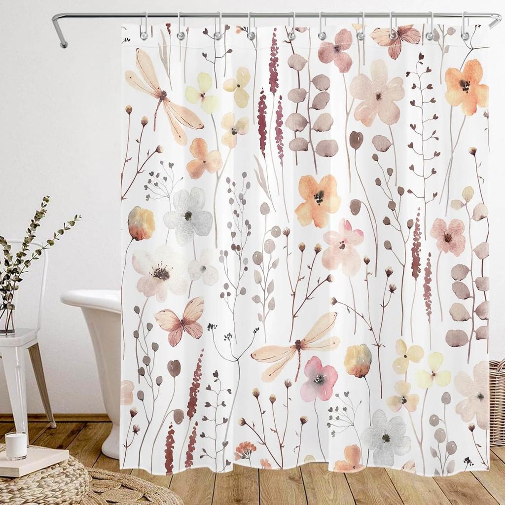 Pink Abstract Geometric Shower Curtain for Bathroom, Pink and Gold Leaf Boho Plant Shower Curtain with Hooks Modern Aesthetic