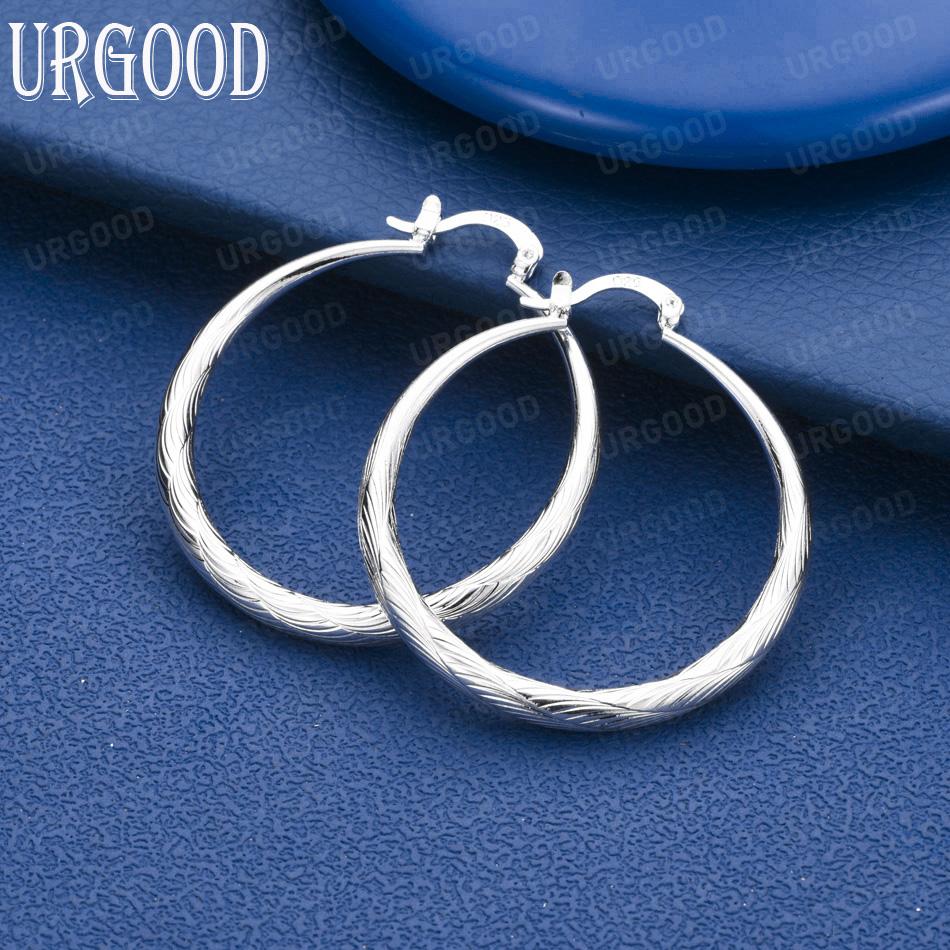 925 Sterling Silver Wedding Jewelry 40mm Patterned Circle Pierced Earrings Fashion Gift