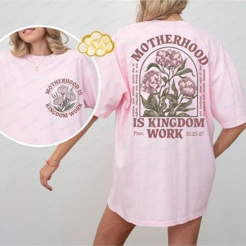 Elegant Christian Mom Cotton Tee Vintage Motherhood Is Kingdom Work Floral Women T-Shirt Mother's Day Gift Trend Clothes for Women
