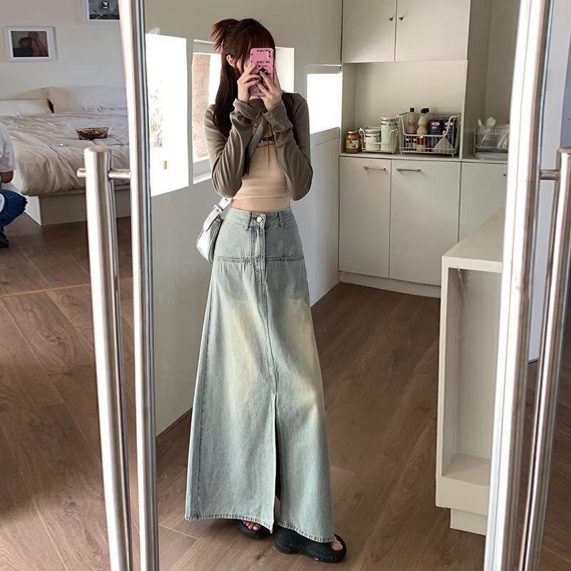 

American Retro Blue A-line Denim Midi Skirt with Slit for Women XXL