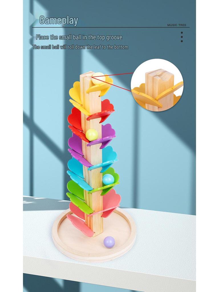 Montessori Rainbow Ball Track Tree: Rotating Leaf Stacker & Musical Wooden Puzzle Toy.