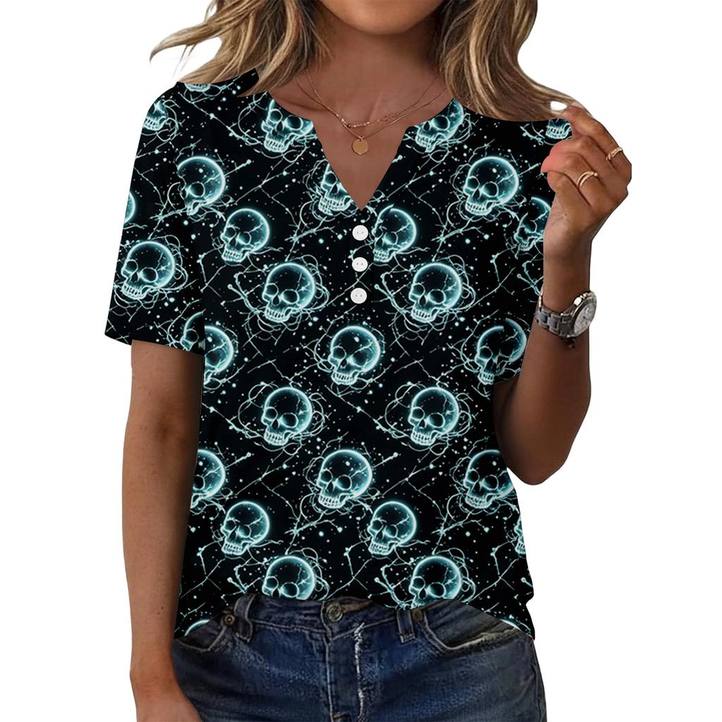 Womens Casual Halloween Print V Neck Short Sleeve Button Front T Shirt Top Lightweight Soft Fabric Comfortable Fit