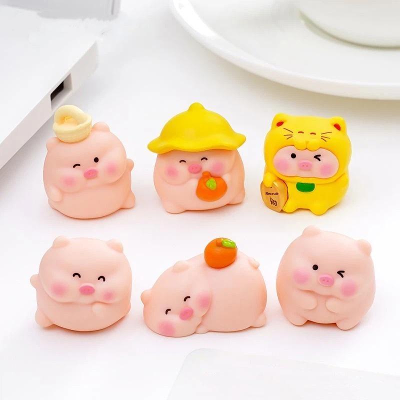 Mini Pig Resin Figurines 6 Pcs Cute Cartoon Animal Statues for Fairy Garden Home Office Desk Decoration Gift