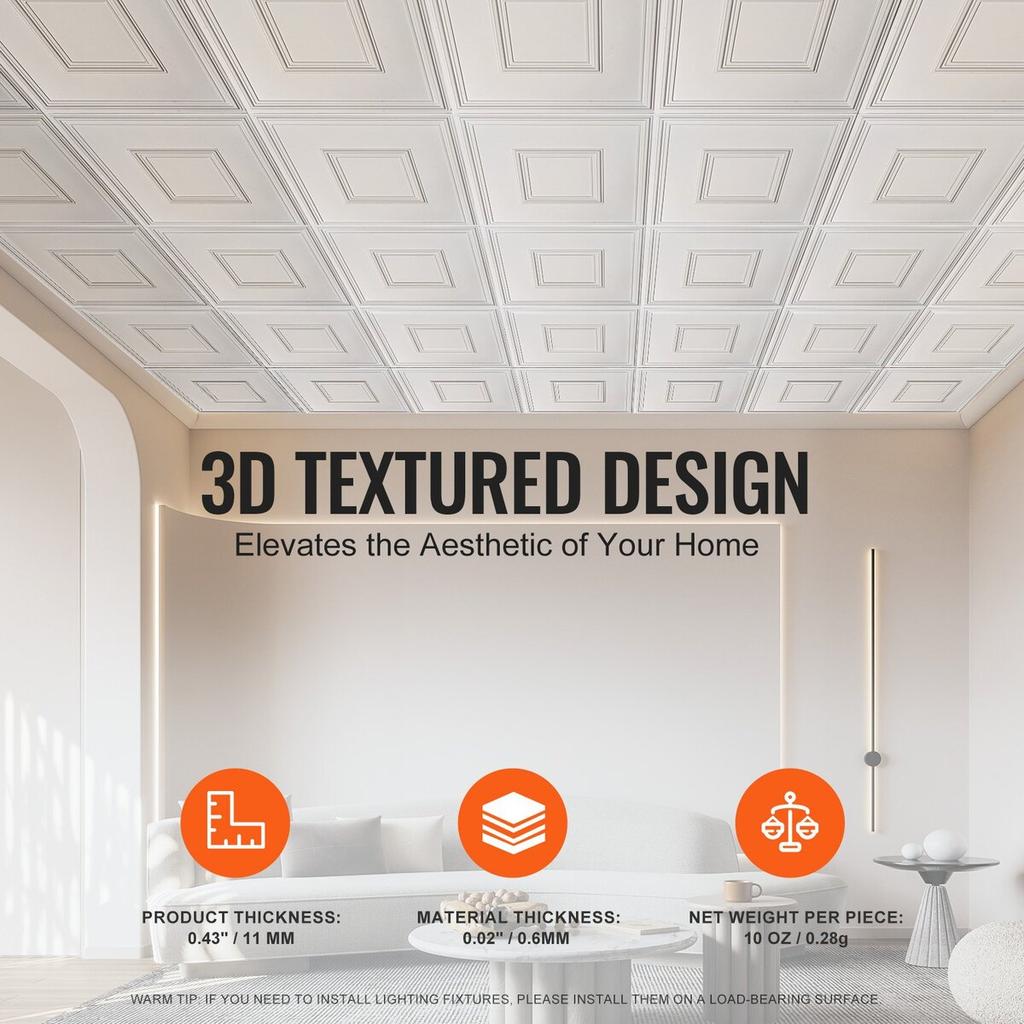 Ceiling Tiles 12-Pack 24 X 24 In PVC Easy Installation White Geometric