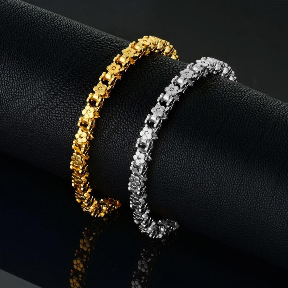 Punk Bicycle Chain Link Bracelet Female 5mm Gold Silver Color Stainless Steel Flower Shape Hand Chains For Women Jewelry Gift