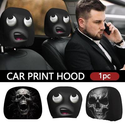 1Pc Funny Universal Car Headrest Cover Breathable Elastic Car Seat Cover Black Skull Pattern Dust-proof Car Pillowcase Halloween
