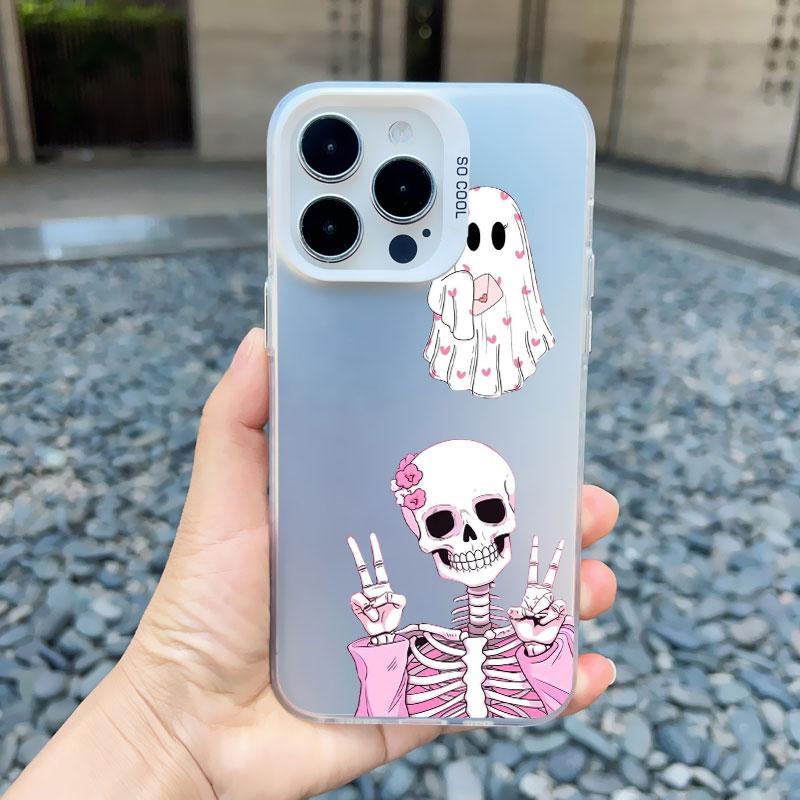 Fashion Pink Skeleton Ghost Laser Phone Case for iPhone 16 12 13 Mini 11 Pro Max 14 15 Pro Max 16 15 14 Plus Shockproof Covers