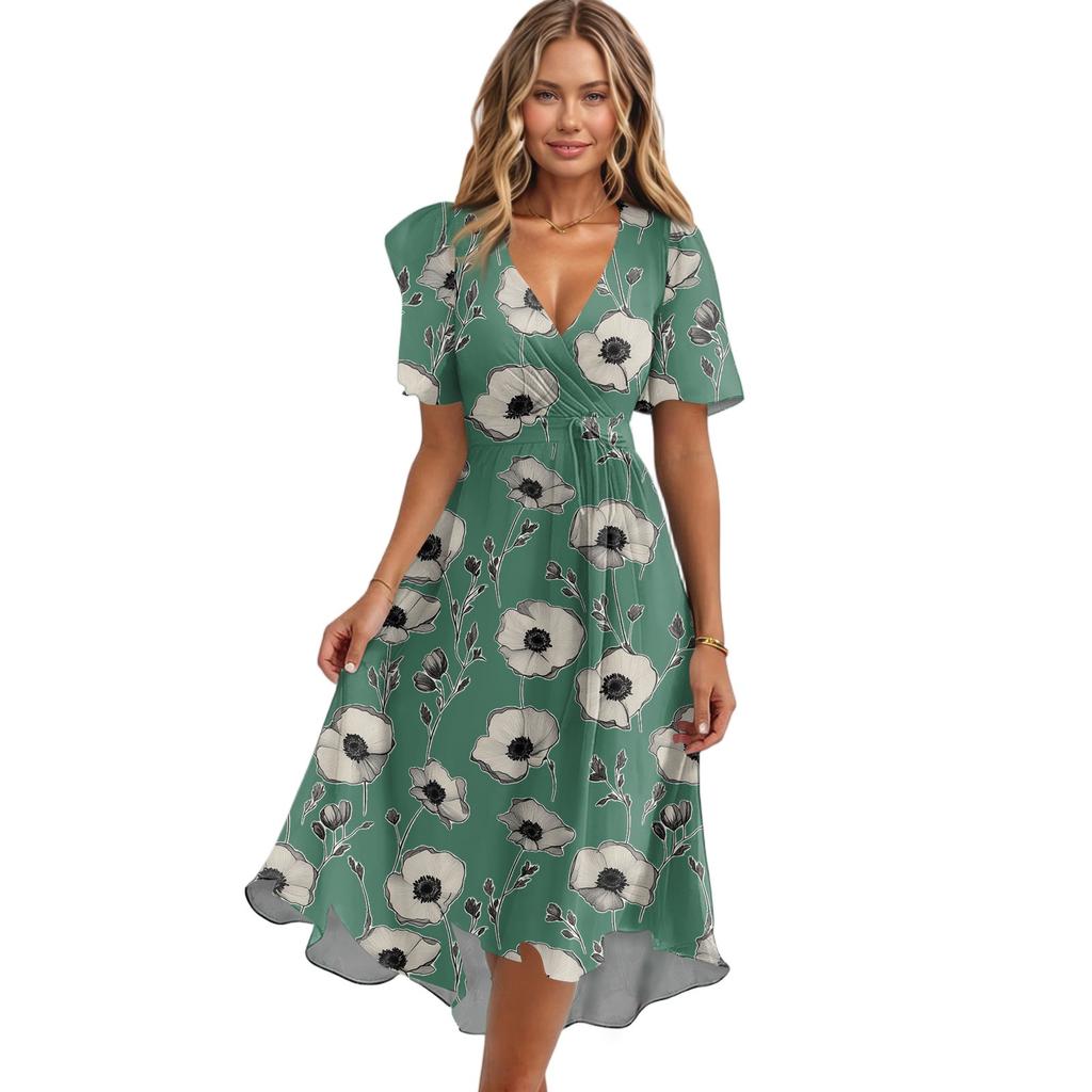 Robe Imprimée Décontractée Ample à Col en V et Manches Courtes avec Jupe Évasée pour Femme