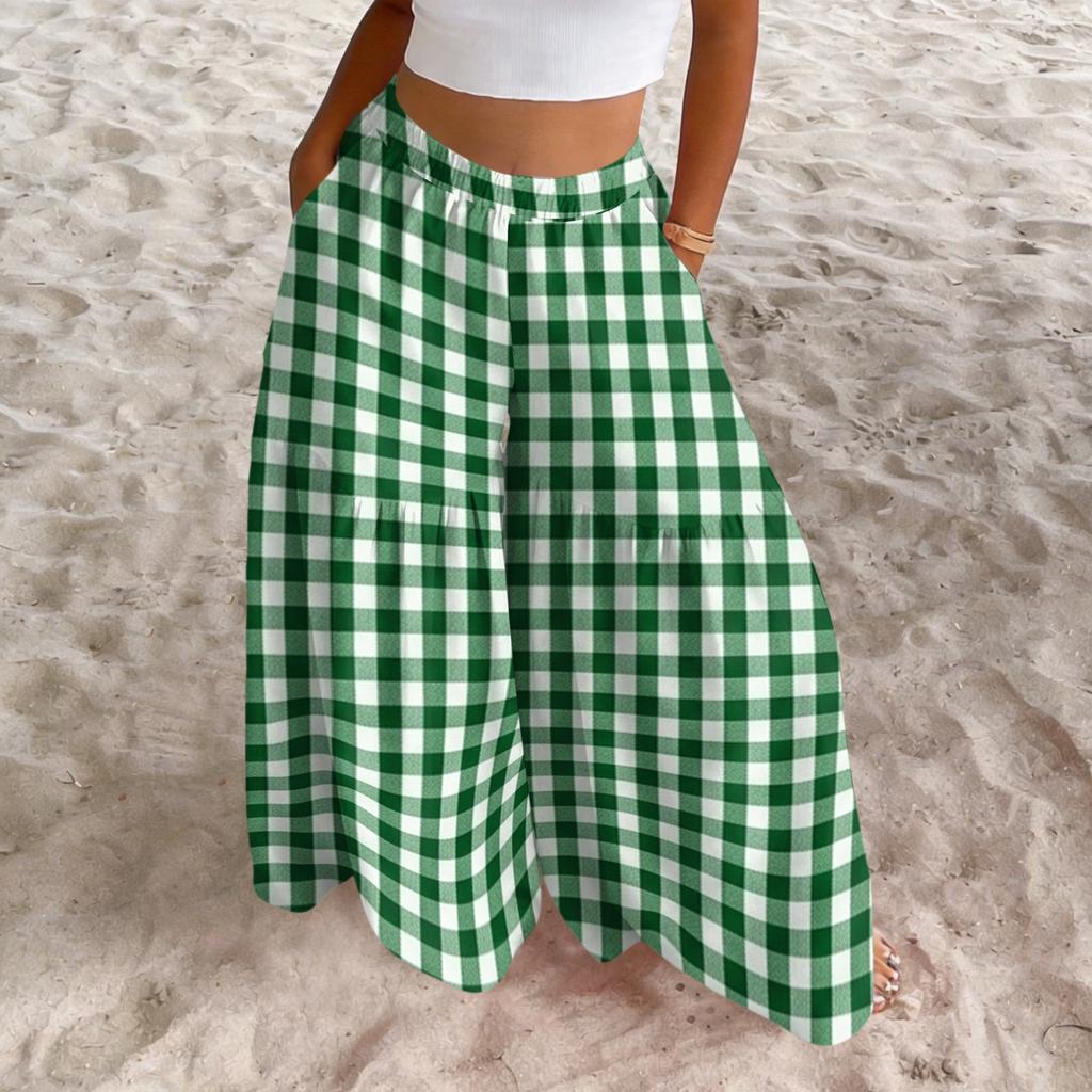 Women's High Waist Wide Leg Pants Loose Fit Lightweight Plaid Print Casual Trousers with Elastic Waistband Comfortable Fit