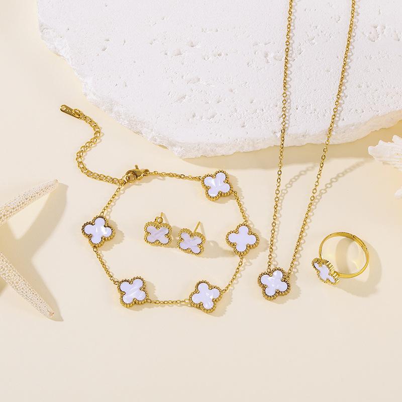 4PCS 13MM Double-Sided Mother-of-Pearl Lucky Four-Leaf Clover Bracelet, Earrings and Ring Four-Piece Women's Jewelry Set