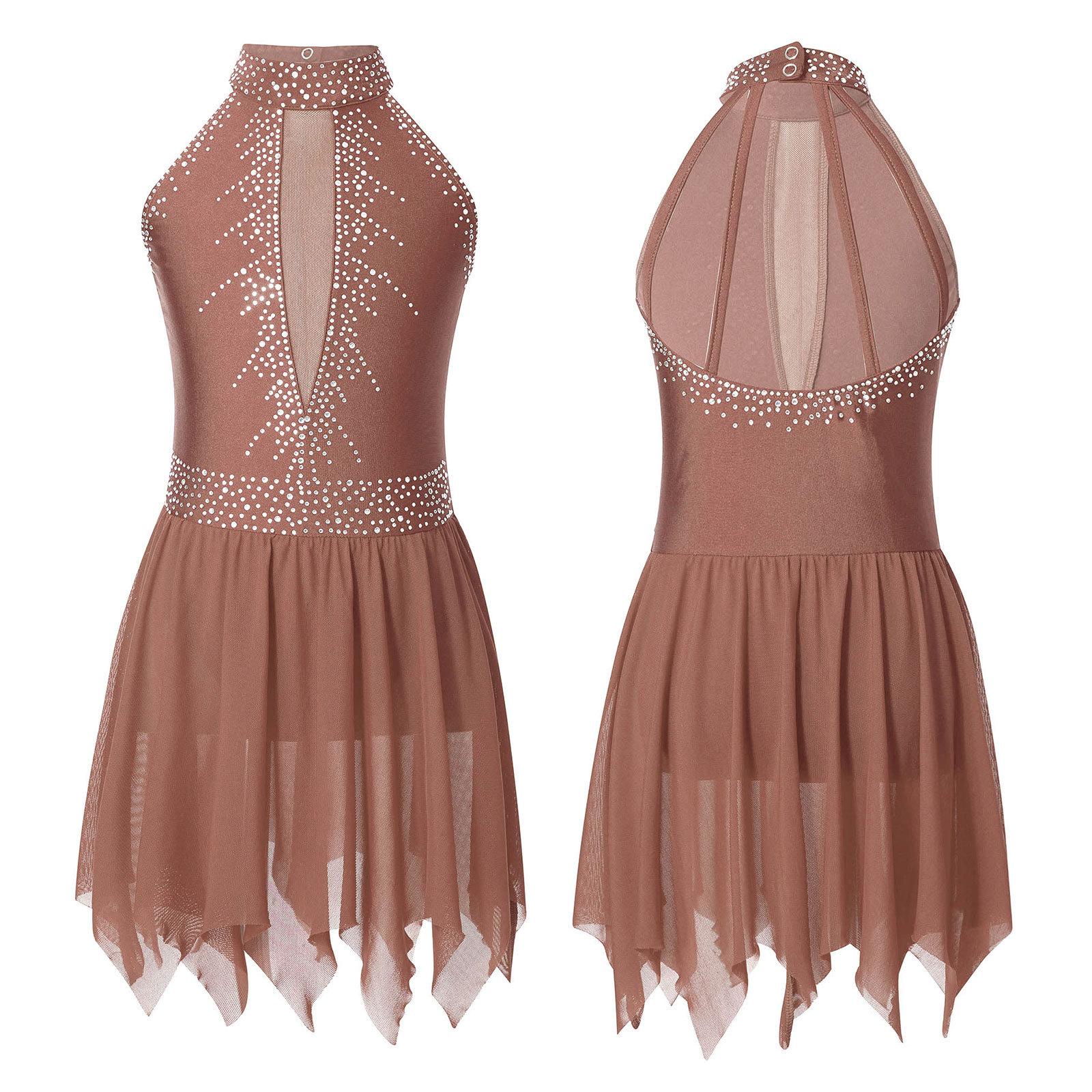 

Детское платье-купальник без рукавов со стразами и лямкой на шее для катания на коньках, лирический современный танцевальный костюм 11-12 Years коричневый