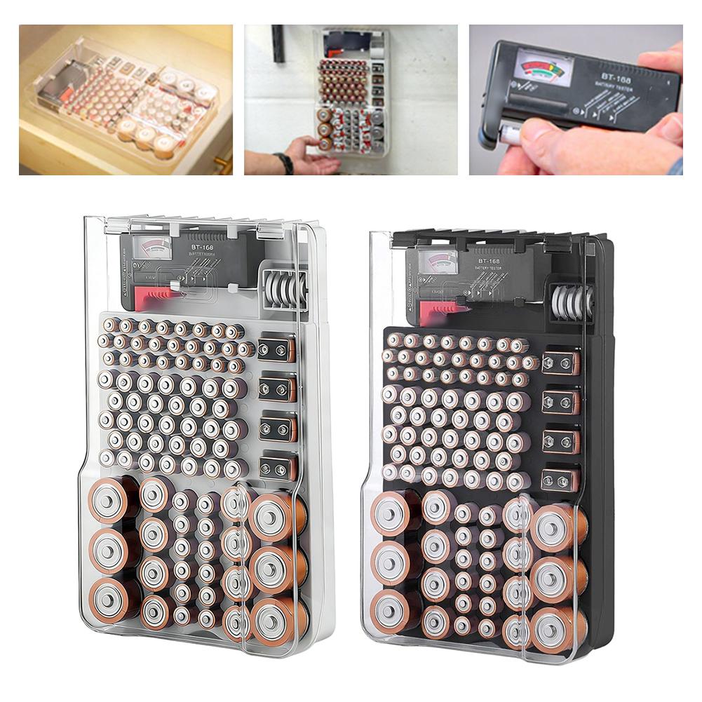 93-Battery Plastic Organizer with Tester and Clear Hinged Lid 30.6x17.8x5.5cm for AA AAA C D 9V Battery Storage
