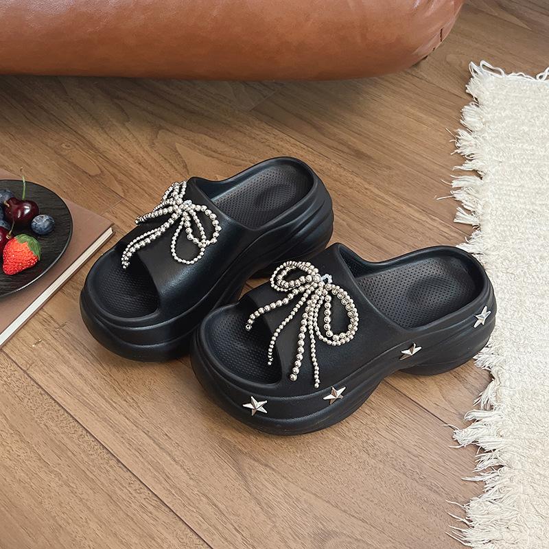 

Thick bottom 2025 beach new open-toed one-word drag women wear fashionable non-slip cool slippers summer versatile bow 40/41 чёрный