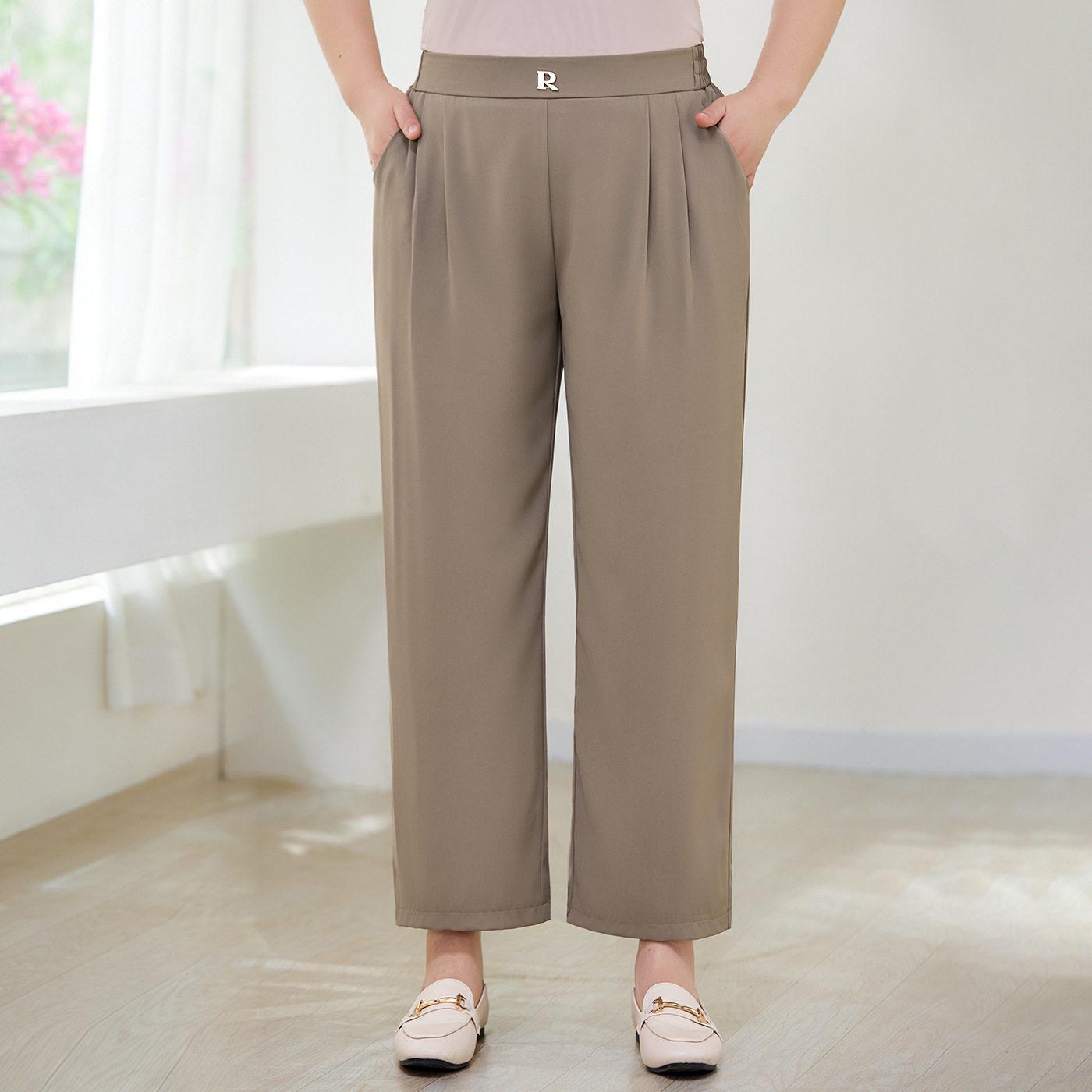 

Plus Size Women s Ice Silk Elastic Waist Casual Pants – Solid Color, Straight Leg, Nine-Tenth Length 2XL (110-130 jin) хаки