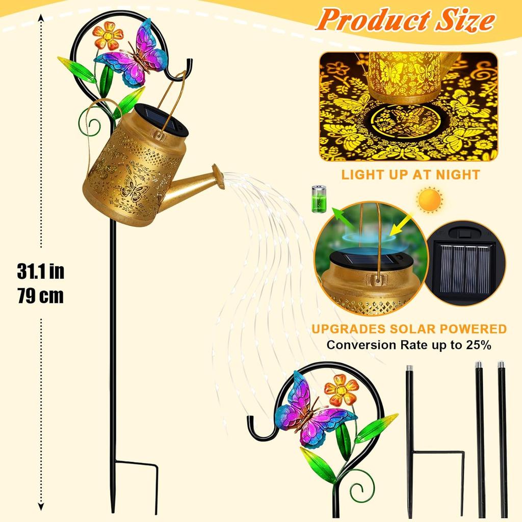 Solar Watering Can Lights Outdoor Garden Decor, Large Butterfly Hanging Lantern with Shepherd Hook, Waterproof Garden Lights for Outdoor Landscape