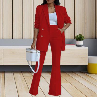 1 Set Women Blazer Pants Solid Color Wide Leg Autumn Winter Double Breasted
