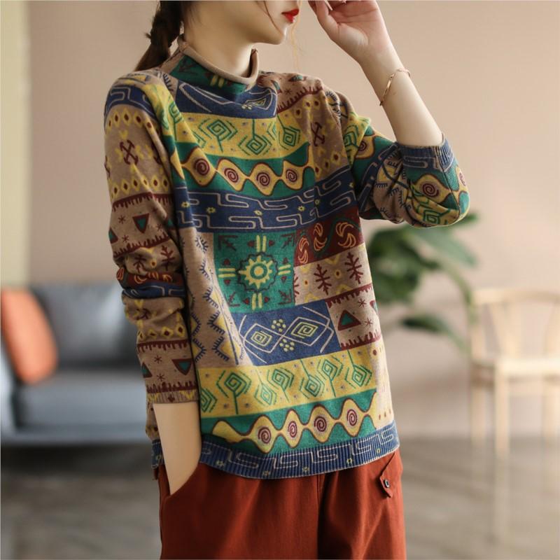 Johnature Women Vintage Knitted Cotton Pullover Sweaters Long Sleeve Mock Neck Loose Casual Clothes Autumn Women Sweaters