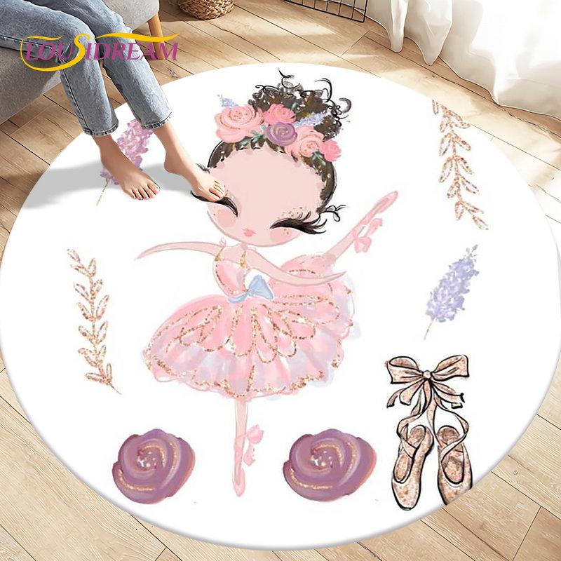 Cute Ballet Girl Ballerina Cartoon Round Area Rug,Carpet for Living Room Bedroom Sofa Playroom Decor,kid Play Non-slip Floor Mat