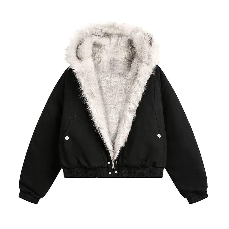 Womens Winter Puffer Coat Short Loose Fit Faux Fur Collar Hooded Thick Warm Cotton Padded Jacket