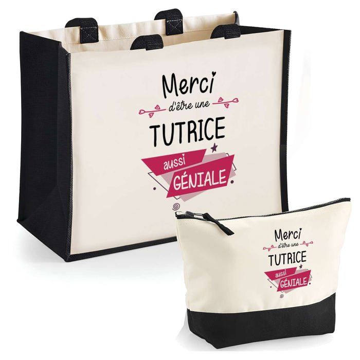 Coffret - PLANETEE - Duo cabas jute et trousse "Merci Tutrice Géniale" - Jute & coton - 33x42 cm - Personnalisé