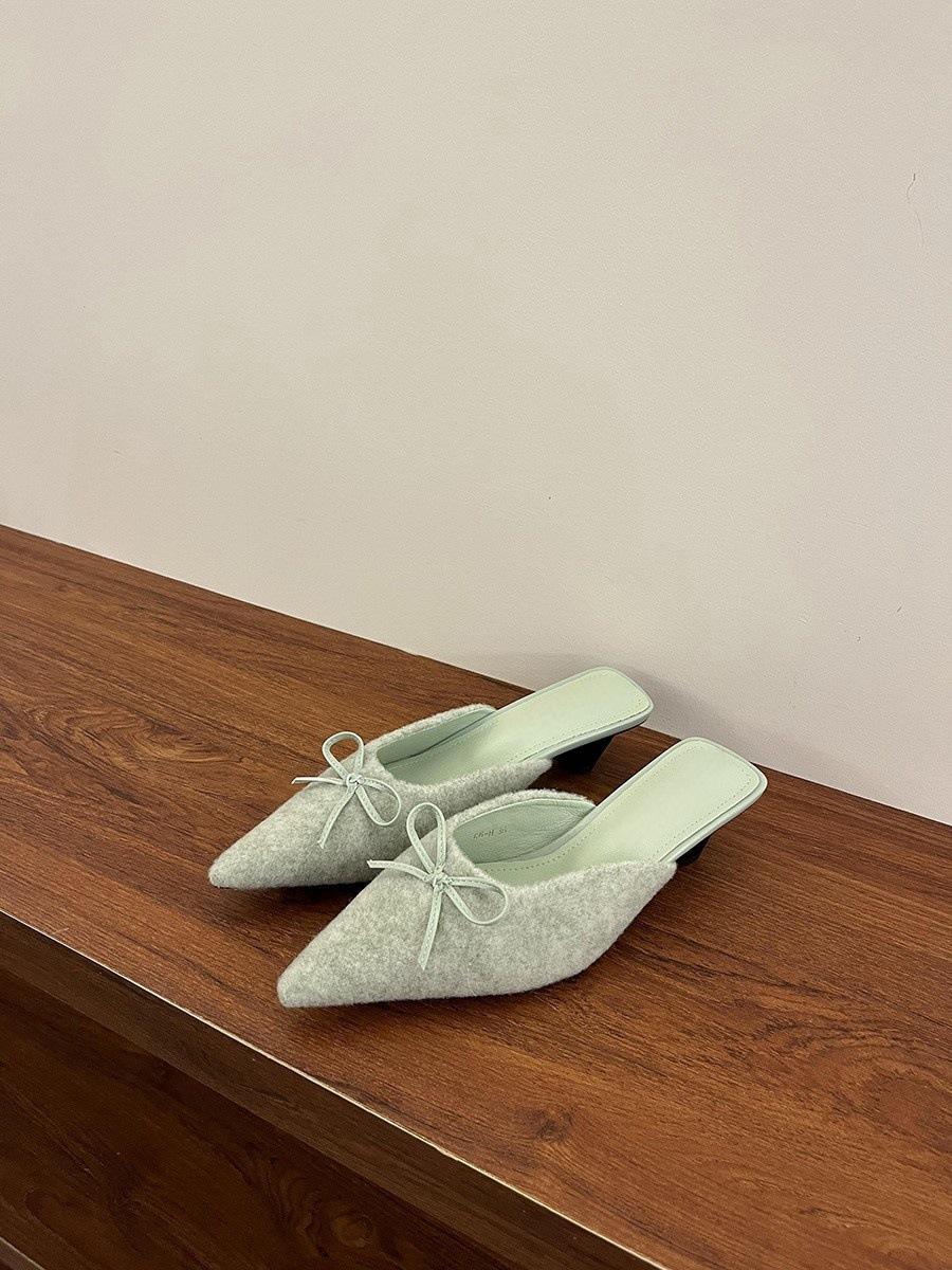 

Французский бант серые туфли на высоком каблуке сумка на голову полутапочки женская обувь верхняя одежда 2025 весна и осень темперамент полуподдержка одиночные туфли 40 зелёный