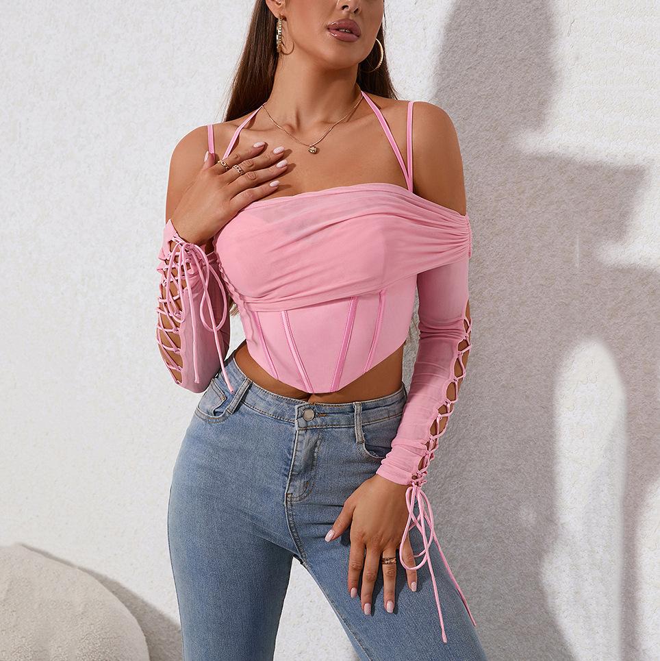 Mesh Suspender Top, European and American Sexy Off-the-shoulder Backless Pleated Splicing Hollow Long-sleeved Fishbone Top