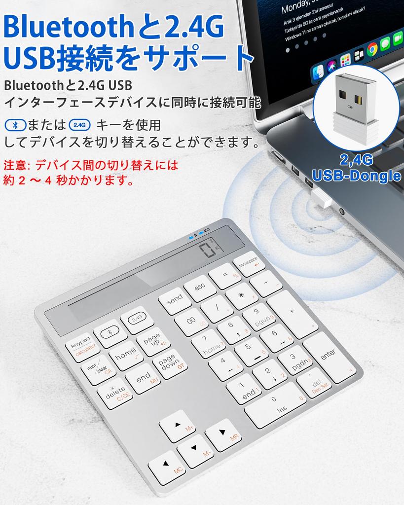 Dual-Mode Bluetooth & 2.4G Wireless Numeric Keypad with Built-in Calculator, Compatible with MacLaptops, 34-Key Portable Accounting Keyboard for