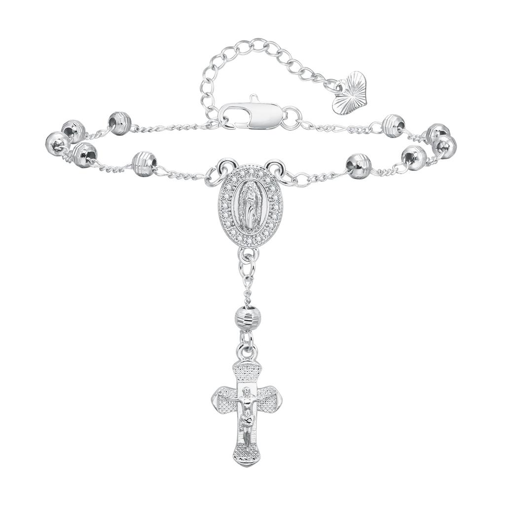 Edelstahl Jungfrau Maria St. Benedikt Kreuz Armband, Perlenkette Armband Damen Religiöser Schmuck