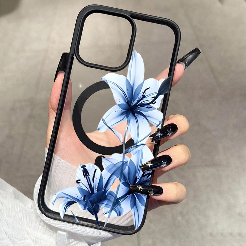 Blue Lily Whisper Transparent Magnetic Phone Case for Samsung Galaxy S25 S24 S23 S22 Ultra Plus S26 FE for Wireless Charge Cover
